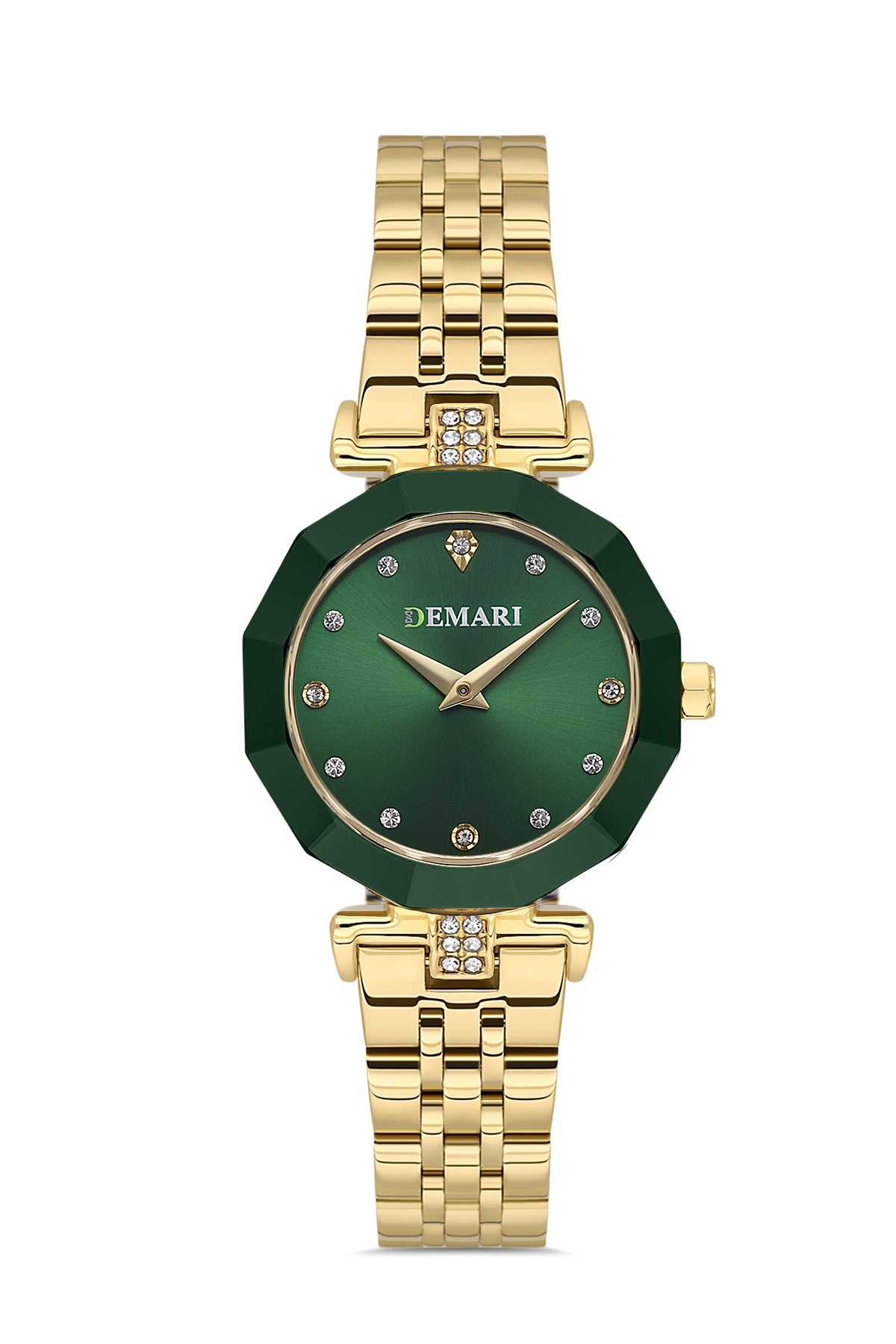Kadın Kol Saati Quartz Mekanizma Gold Çelik Kordon Taş Detaylı Yeşil Kadran Çokgen Kasa DM-00103L-B10