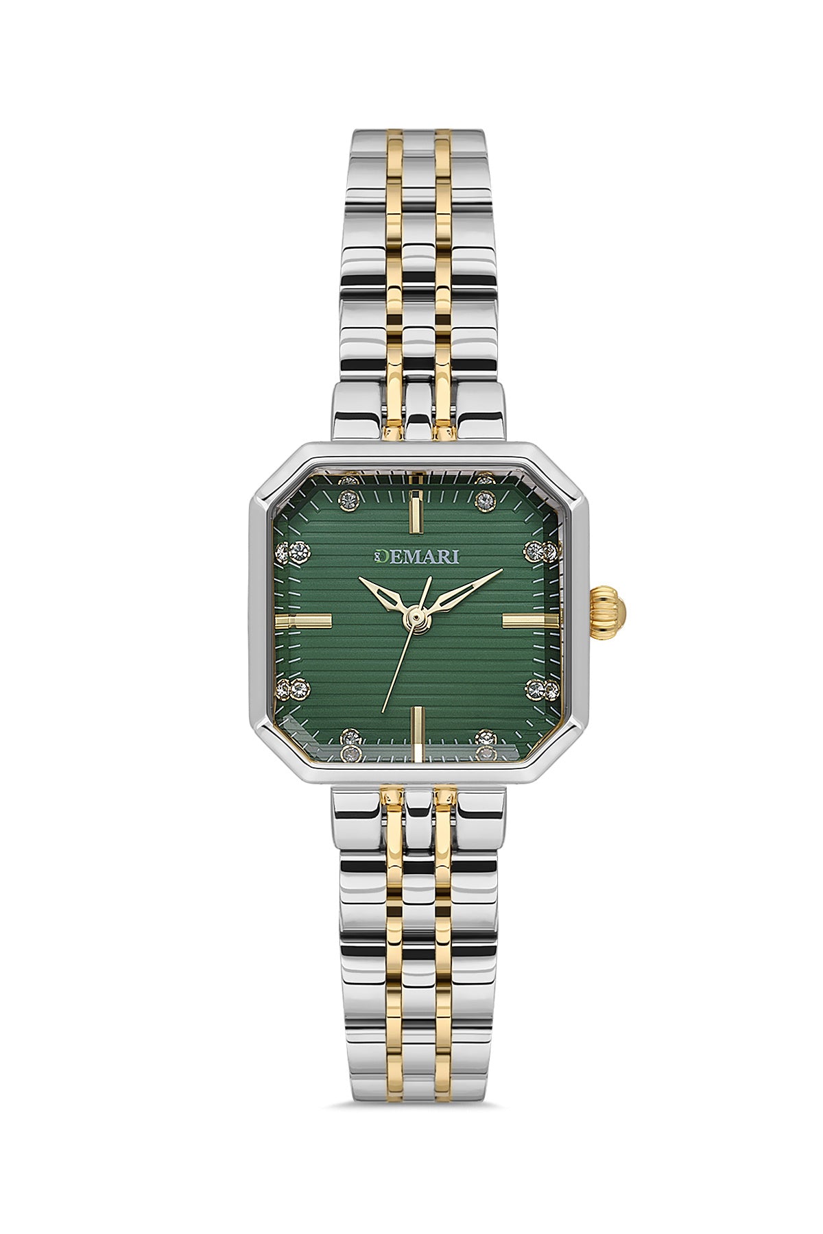 Kadın Kol Saati Quartz Mekanizma Gold & Gümüş Renk Kare Kasa Çizgili Yeşil Kadran Taş Detaylı DM-00114L10