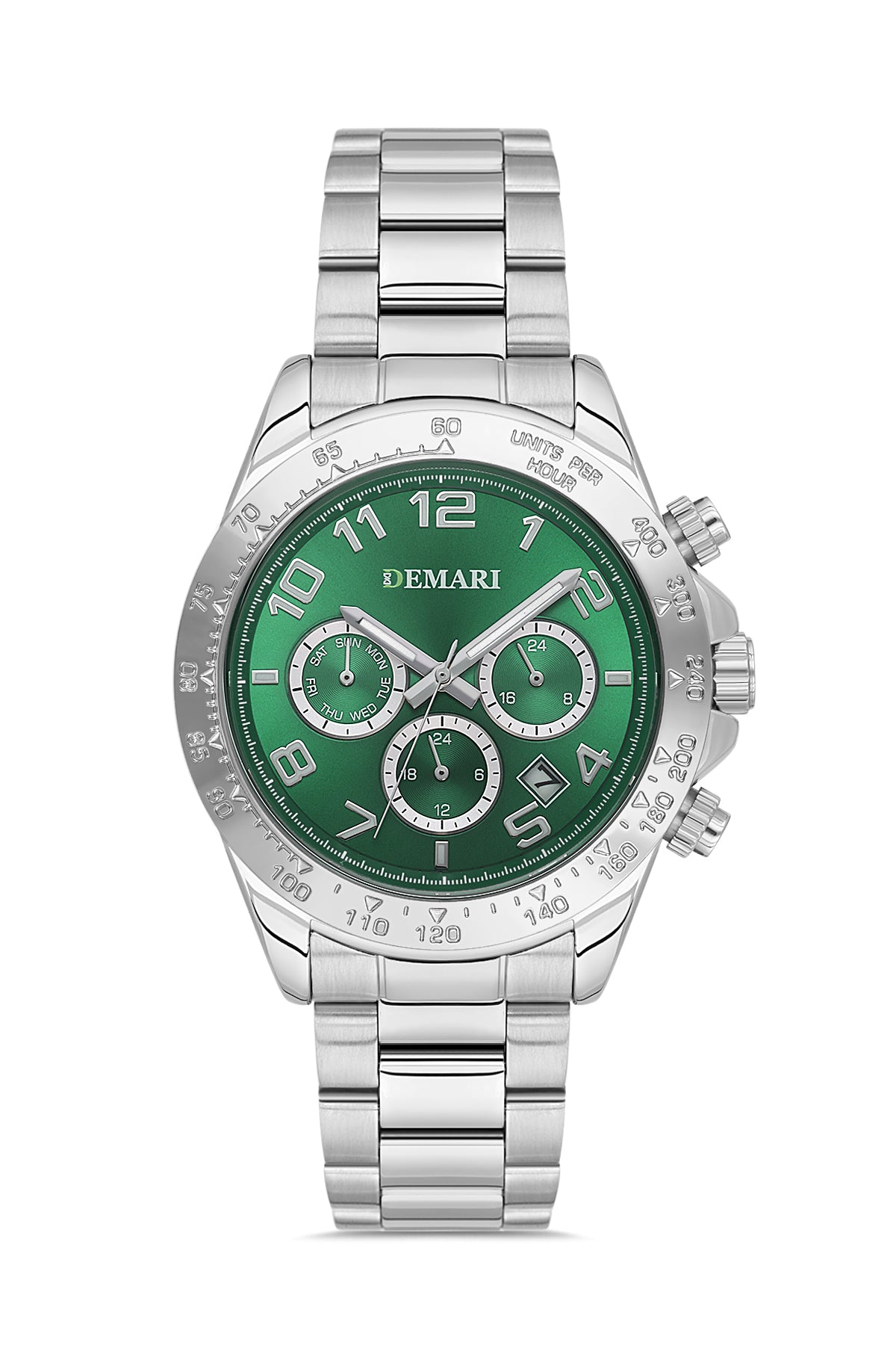 Erkek Kol Saati Quartz Mekanizma Multifunction Gümüş Çelik Kordon Yeşil Kadran Tachymeter Bezel – DM-00108G-A10