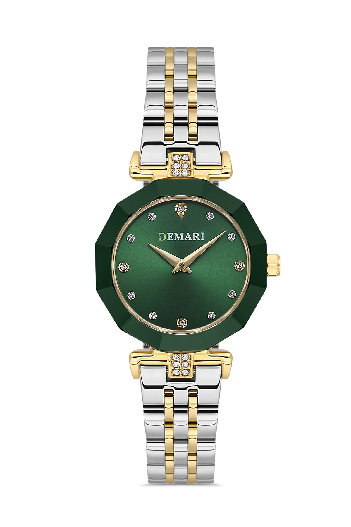 Kadın Kol Saati Quartz Mekanizma Gold & Gümüş Çelik Kordon Taş Detaylı Yeşil Kadran Çokgen Kasa DM-00103L-D10