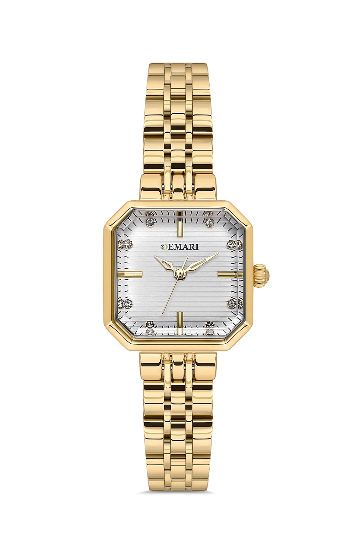 Kadın Kol Saati Quartz Mekanizma Gold Renk Kare Kasa Çizgili Beyaz Kadran Taş Detaylı DM-00114L-B1