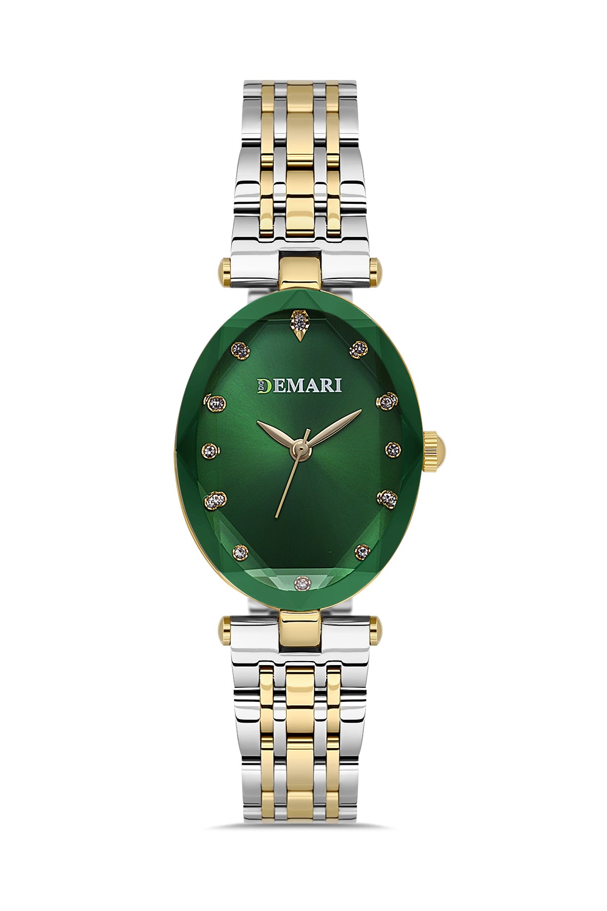 Kadın Kol Saati Quartz Mekanizma Gold & Gümüş Çelik Kordon Taş Detaylı Yeşil Kadran Oval Kasa DM-00105L-D10