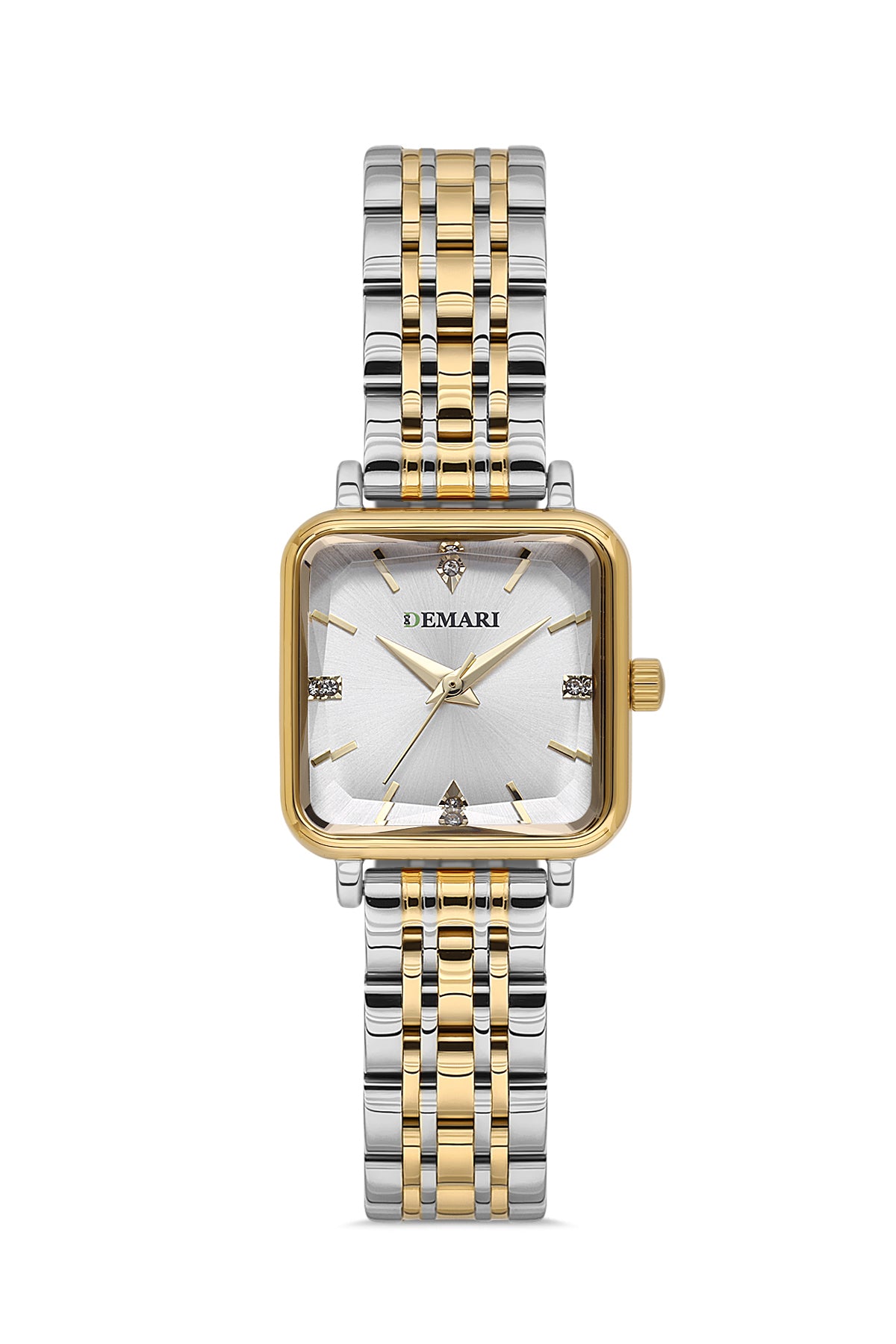 Kadın Kol Saati Quartz Mekanizma Gold & Gümüş Renk Kare Kasa Beyaz Kadran Taş Detaylı DM-00113L1