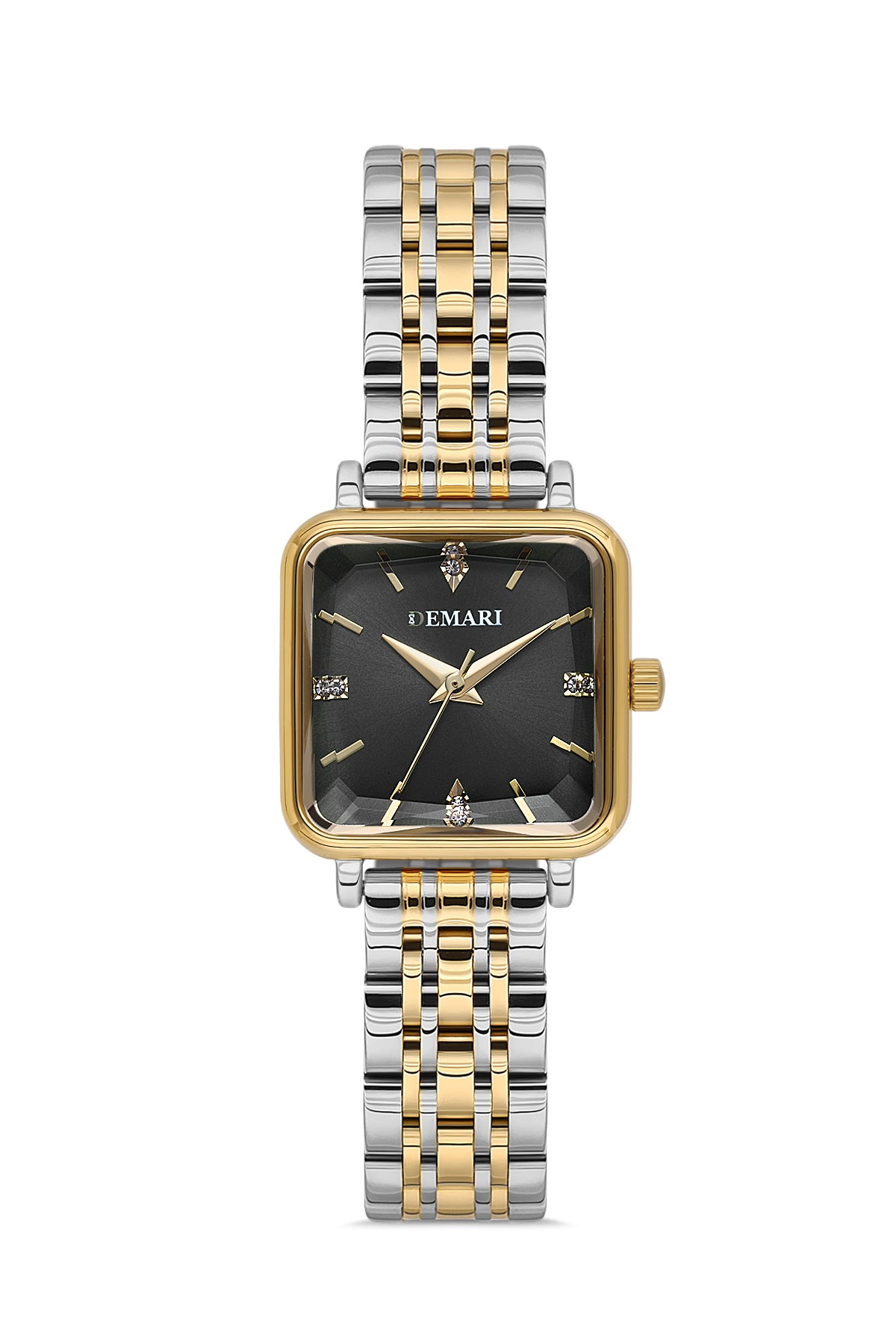 Kadın Kol Saati Quartz Mekanizma Gold & Gümüş Renk Kare Kasa Siyah Kadran Taş Detaylı DM-00113L2