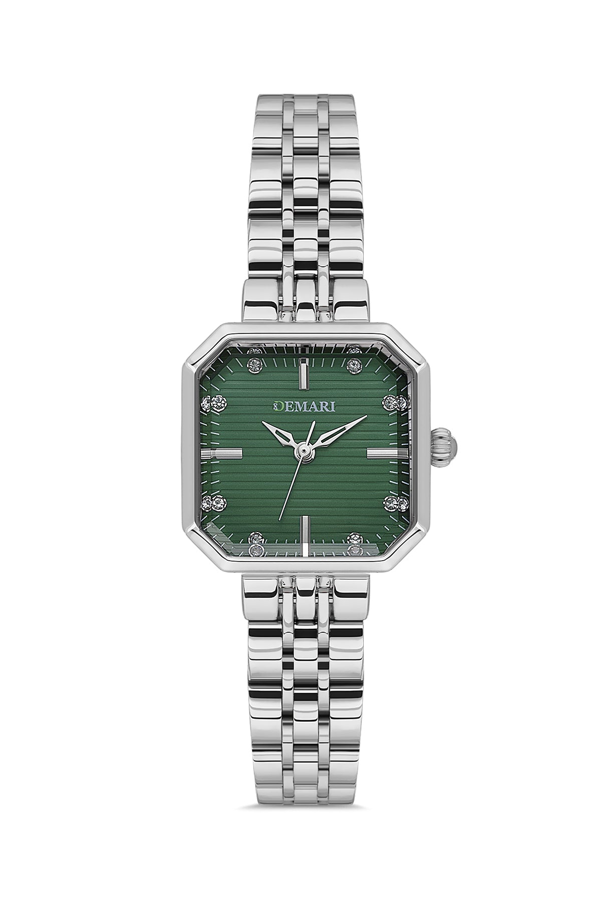 Kadın Kol Saati Quartz Mekanizma Gümüş Renk Kare Kasa Çizgili Yeşil Kadran Taş Detaylı DM-00114L-A10