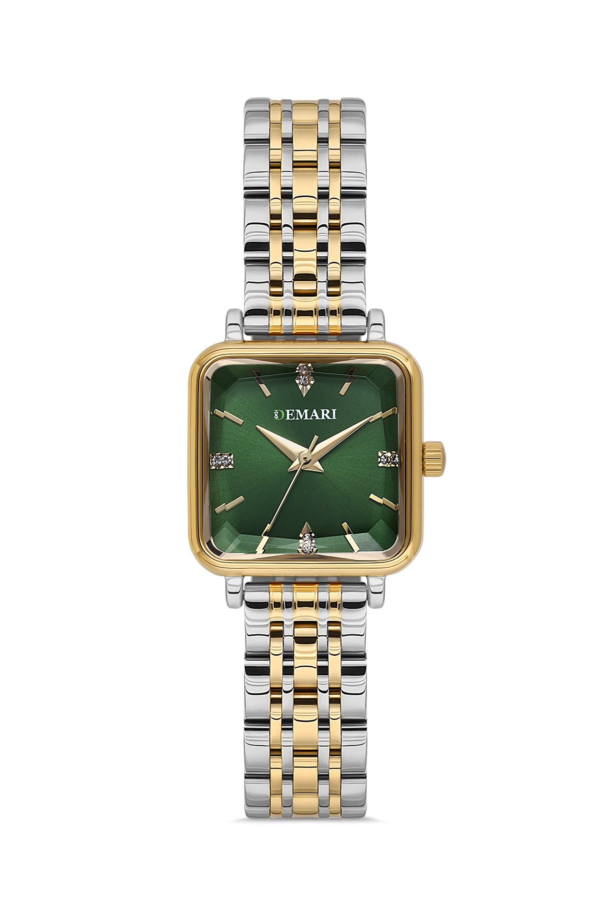 Kadın Kol Saati Quartz Mekanizma Gold & Gümüş Renk Kare Kasa Yeşil Kadran Taş Detaylı DM-00113L10