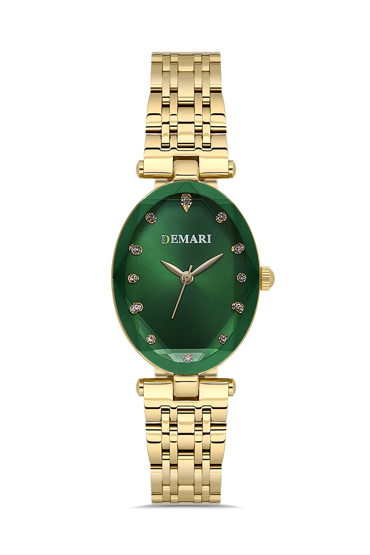 Kadın Kol Saati Quartz Mekanizma Gold Çelik Kordon Taş Detaylı Yeşil Kadran Oval Kasa DM-00105L-B10