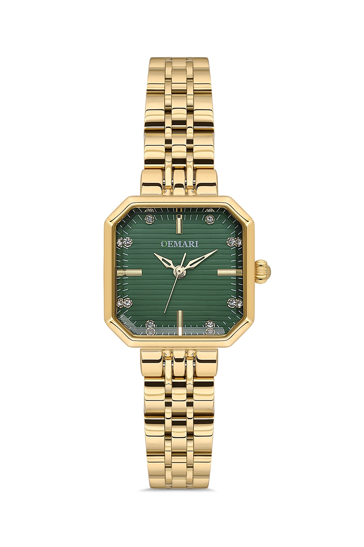 Kadın Kol Saati Quartz Mekanizma Gold Renk Kare Kasa Çizgili Yeşil Kadran Taş Detaylı DM-00114L-B10