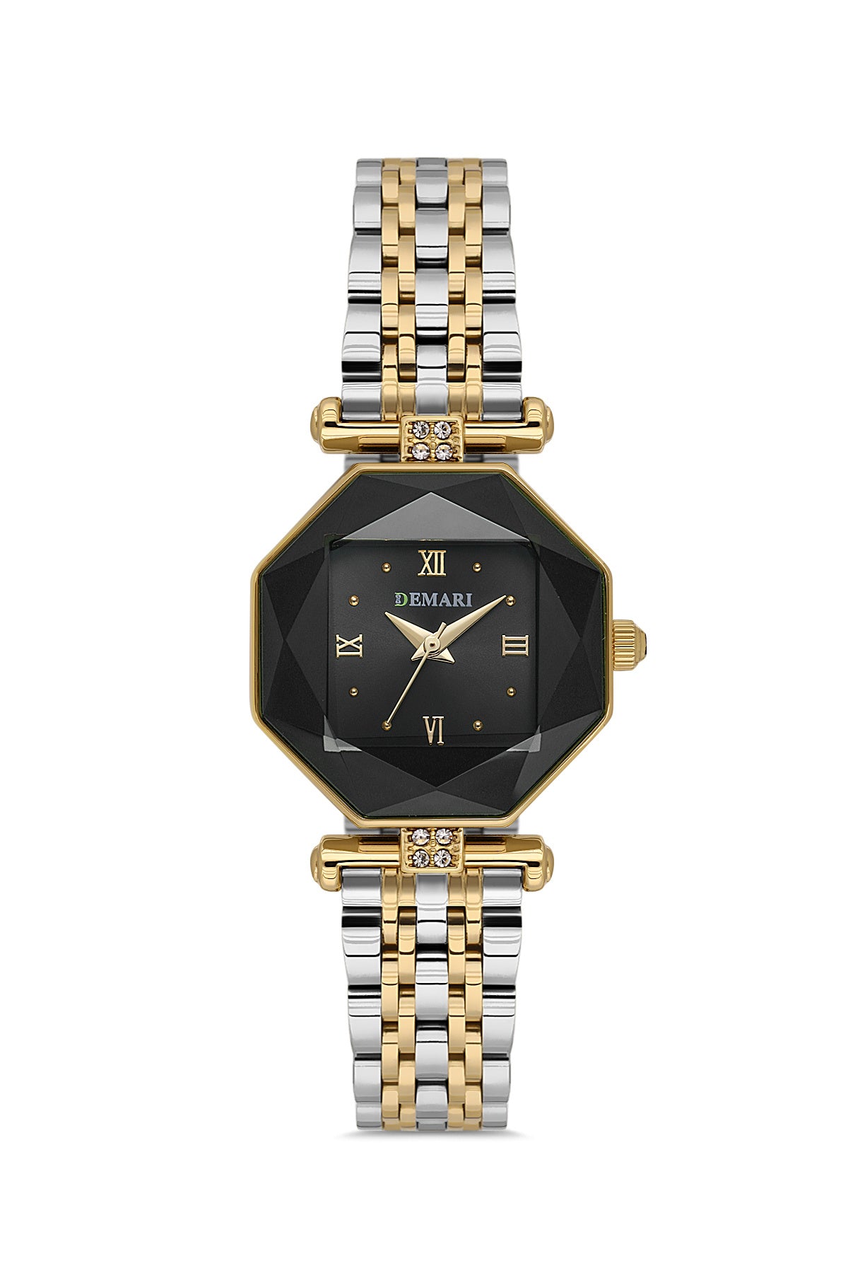 Kadın Kol Saati Quartz Mekanizma Gold & Gümüş Renk Sekizgen Kasa Siyah Kadran Romen Rakamlı DM-00110L2