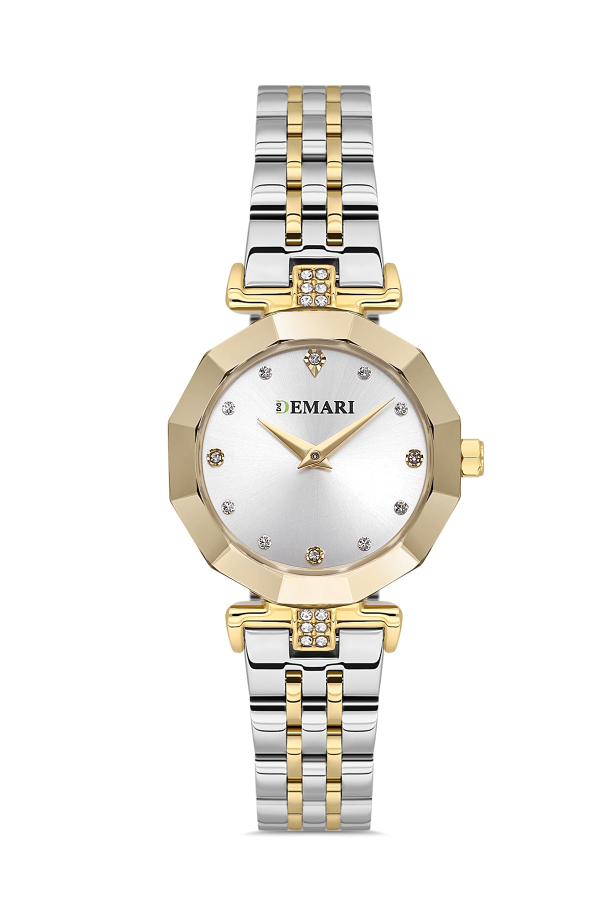 Kadın Kol Saati Quartz Mekanizma Gold & Gümüş Çelik Kordon Taş Detaylı Gümüş Kadran Çokgen Kasa DM-00103L-D1