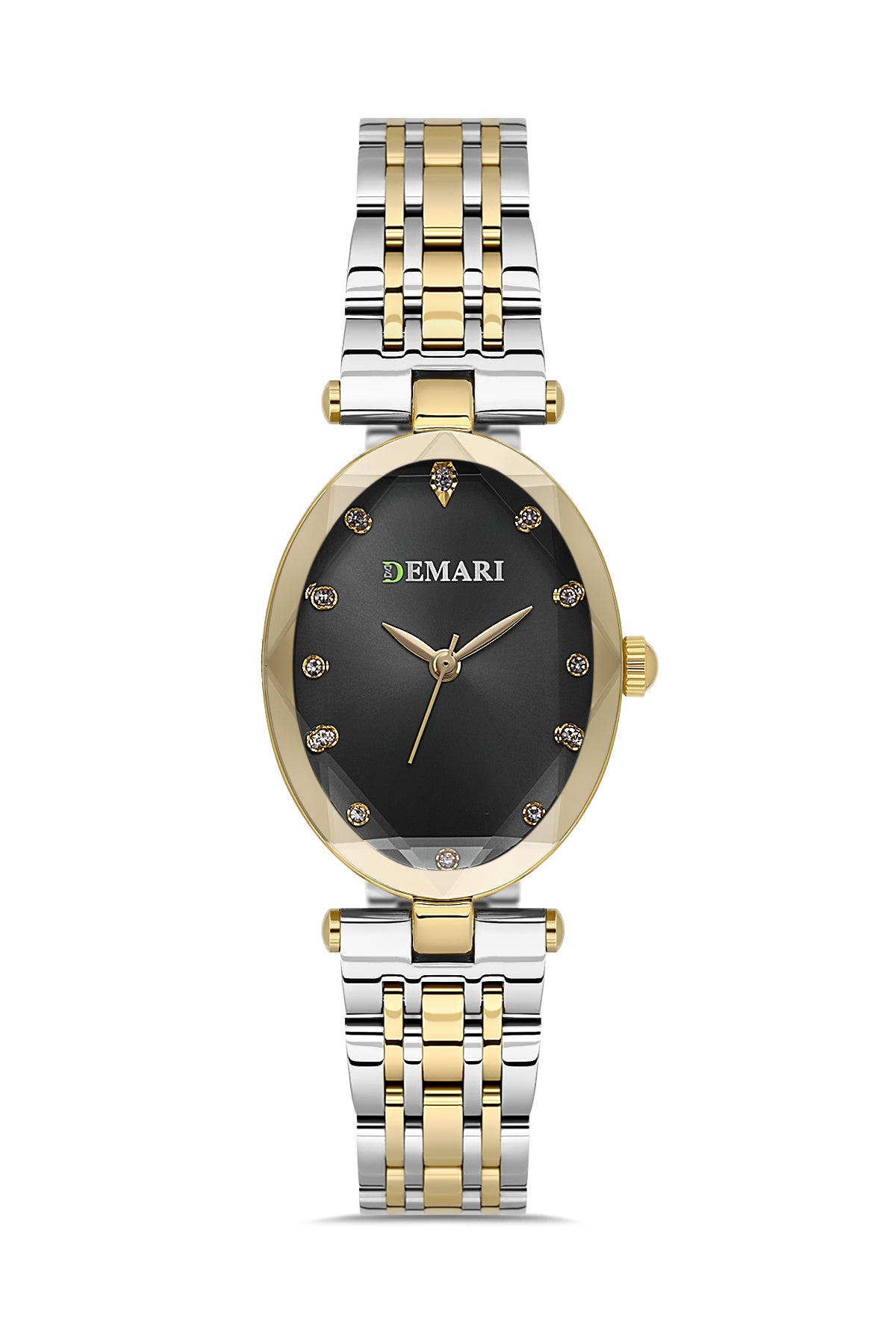 Kadın Kol Saati Quartz Mekanizma Gold & Gümüş Çelik Kordon Taş Detaylı Siyah Kadran Oval Kasa DM-00105L-D2