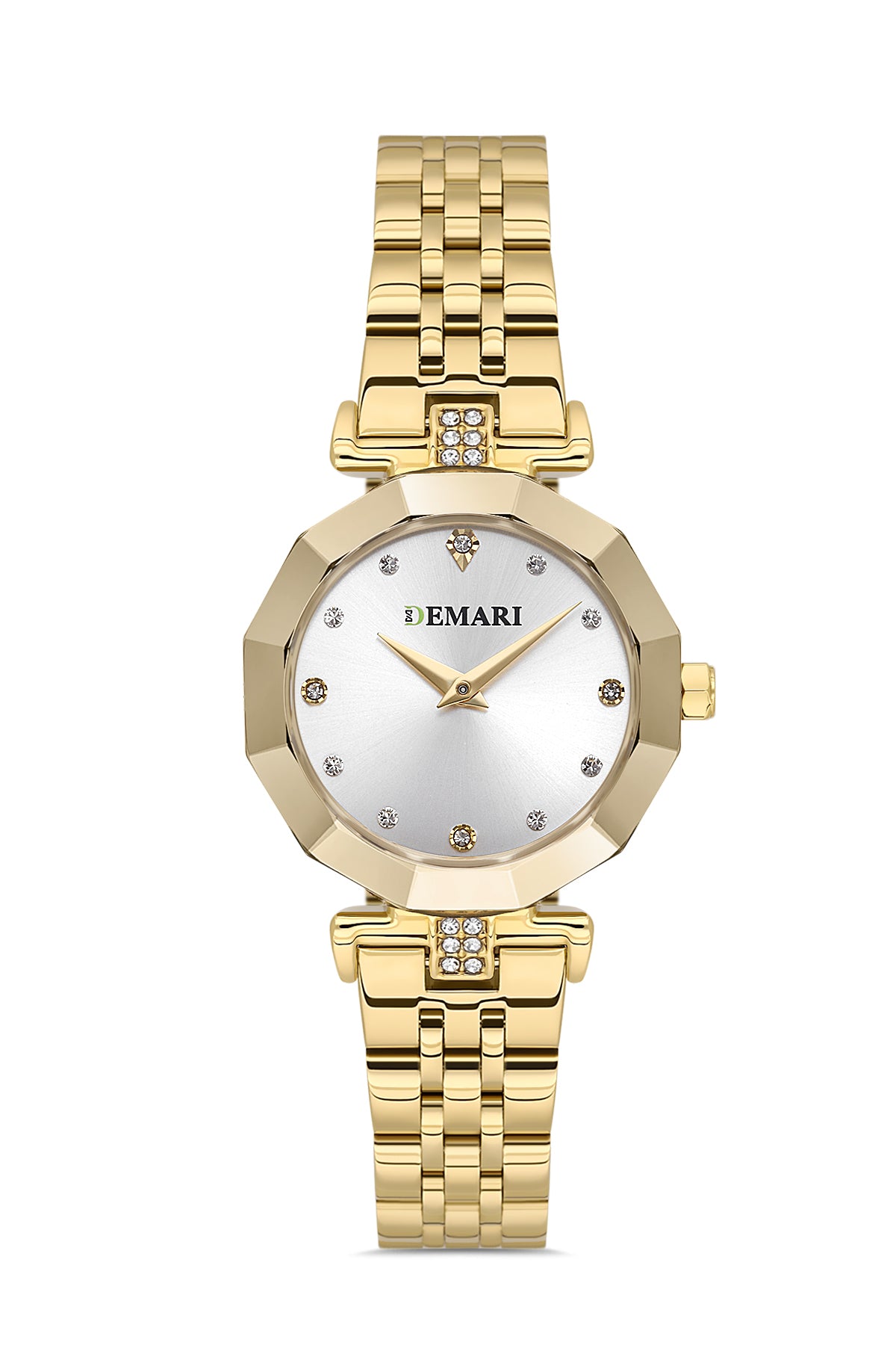 Kadın Kol Saati Quartz Mekanizma Gold Çelik Kordon Taş Detaylı Gümüş Kadran Çokgen Kasa DM-00103L-B1