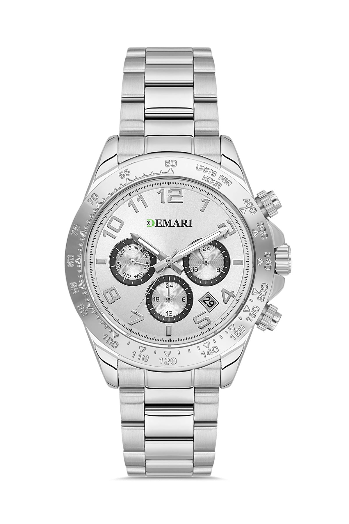Erkek Kol Saati Quartz Mekanizma Multifunction Gümüş Çelik Kordon Silver Kadran Tachymeter Bezel – DM-00108G-A1