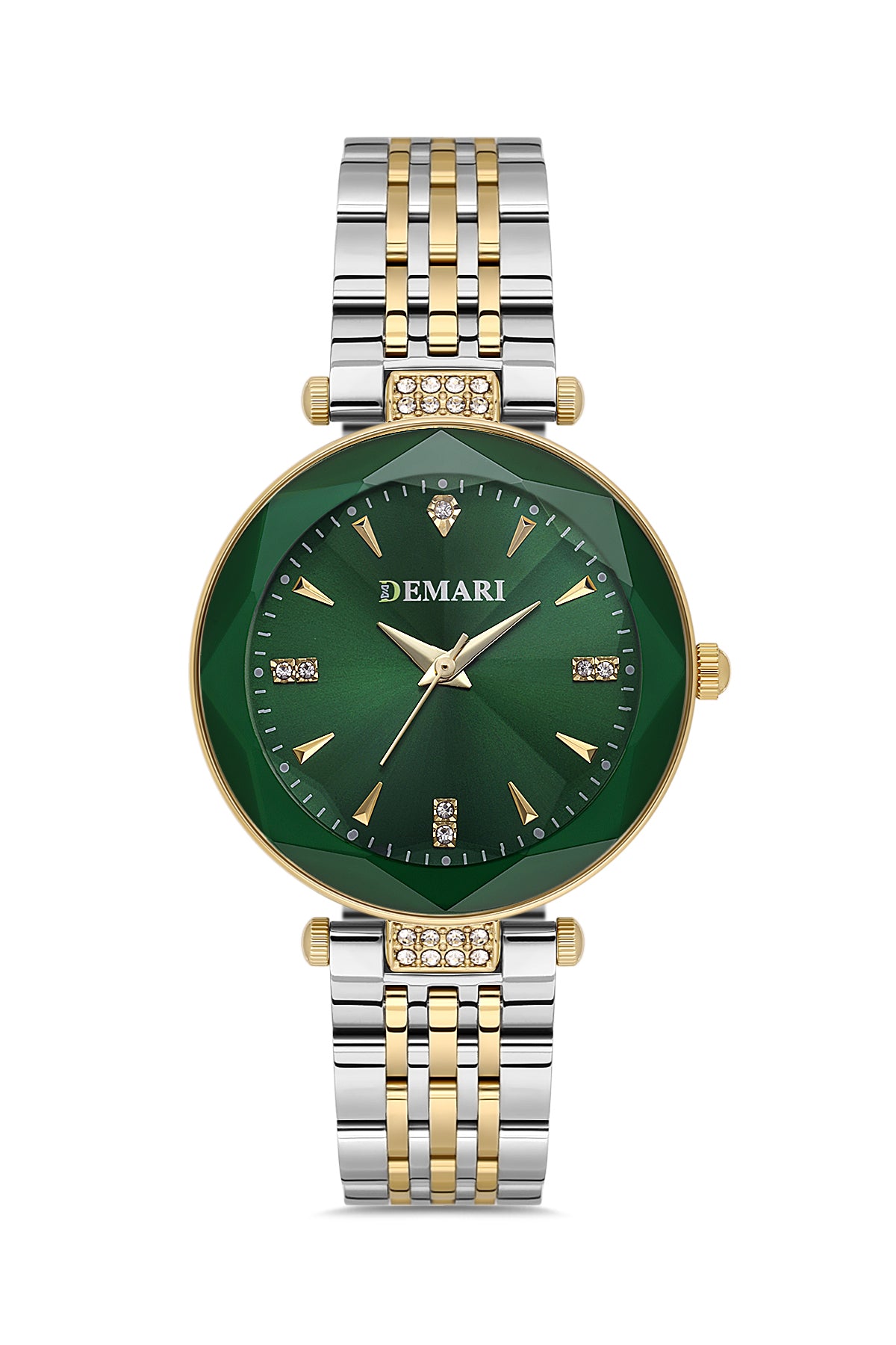 Kadın Kol Saati Quartz Mekanizma Gümüş & Gold Çelik Kordon Taş Detaylı Yeşil Kadran DM-00104L-D10