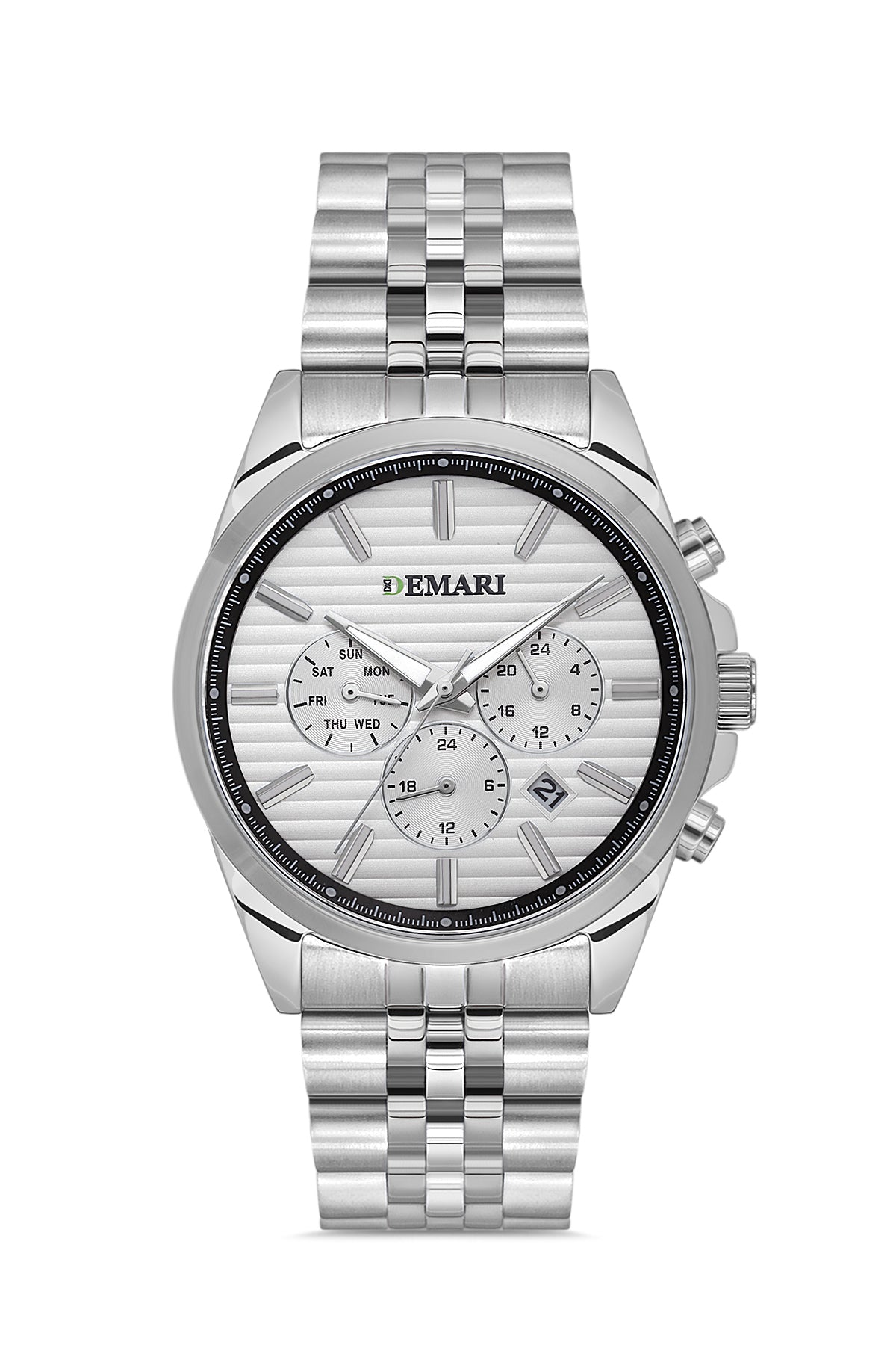 Erkek Kol Saati Quartz Full Fonksiyonlu Gümüş Çelik Kasa ve Kordon Çizgili Beyaz Kadran DM-00113G-A1