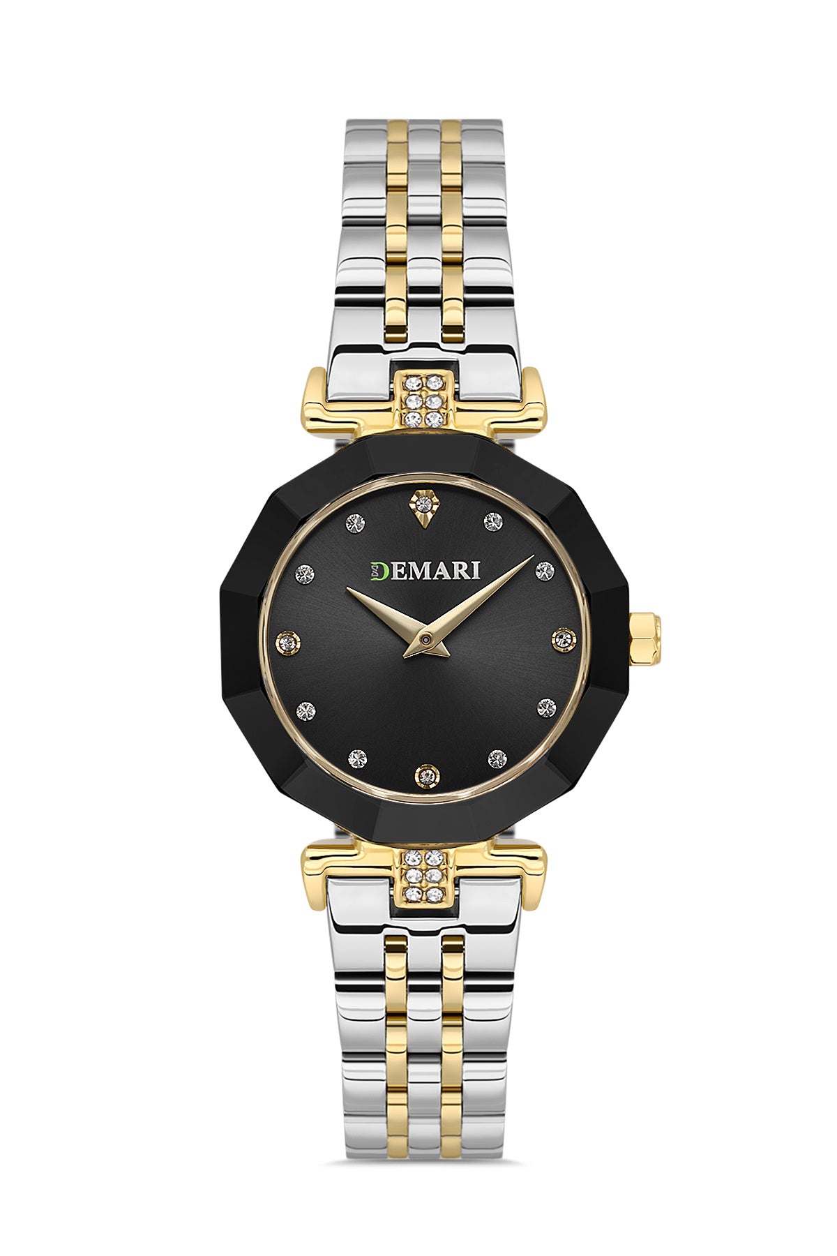 Kadın Kol Saati Quartz Mekanizma Gold & Gümüş Çelik Kordon Taş Detaylı Siyah Kadran Çokgen Kasa DM-00103L-D2
