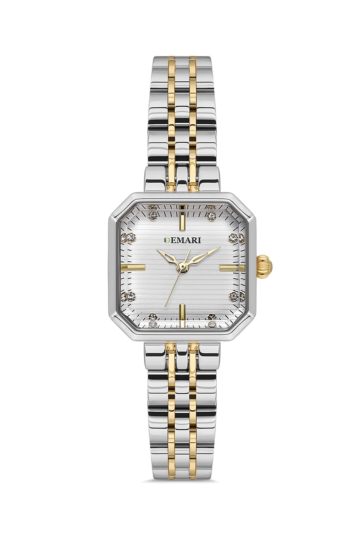 Kadın Kol Saati Quartz Mekanizma Gold & Gümüş Renk Kare Kasa Çizgili Beyaz Kadran Taş Detaylı DM-00114L1