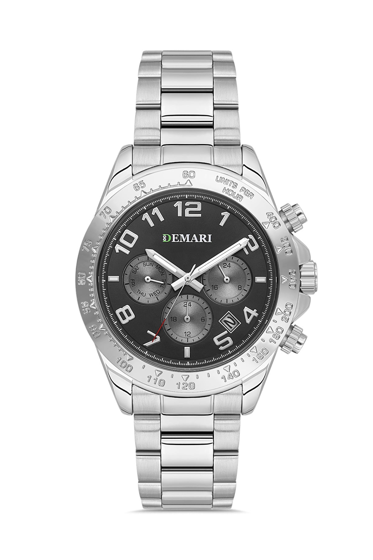 Erkek Kol Saati Quartz Mekanizma Multifunction Gümüş Çelik Kordon Siyah Kadran Tachymeter Bezel – DM-00108G-A2