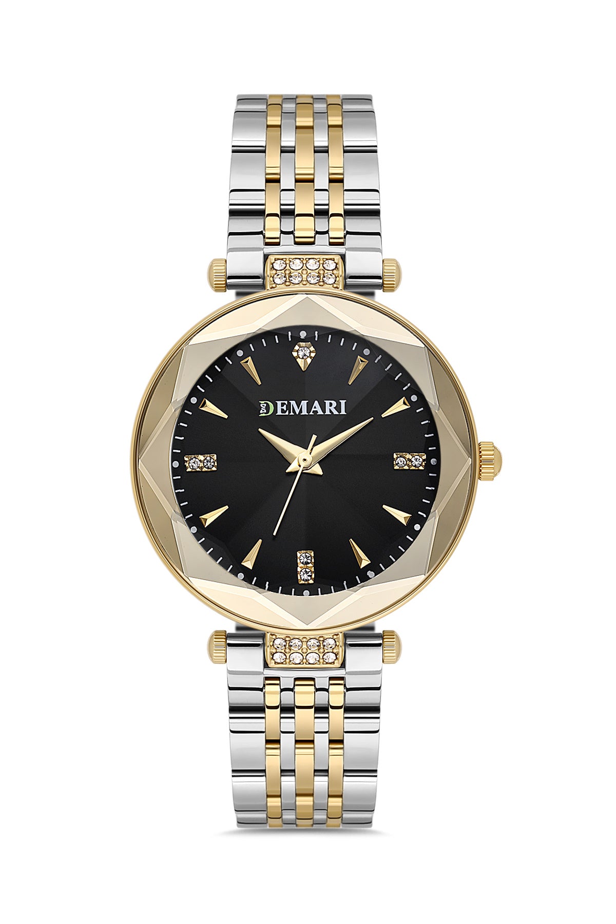 Kadın Kol Saati Quartz Mekanizma Gümüş & Gold Çelik Kordon Taş Detaylı Siyah Kadran DM-00104L-D2
