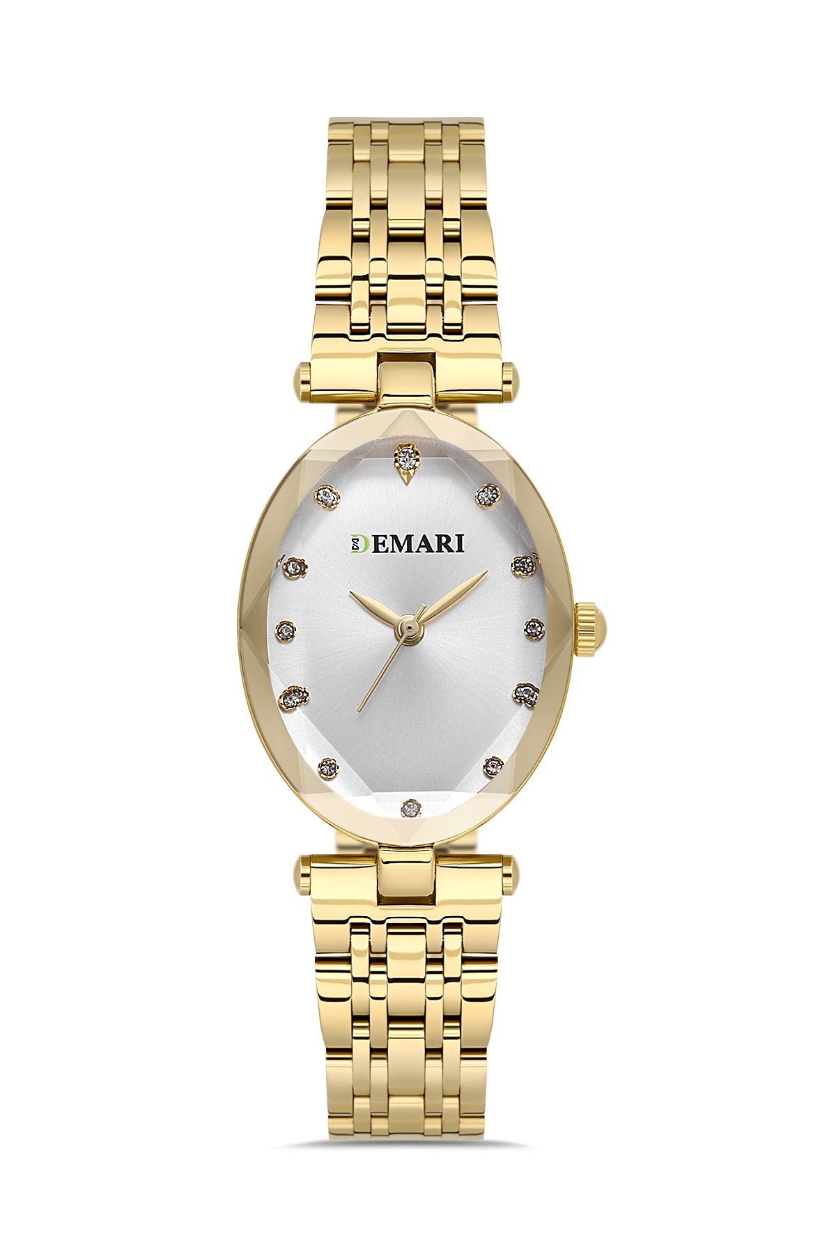 Kadın Kol Saati Quartz Mekanizma Gold Çelik Kordon Taş Detaylı Gümüş Kadran Oval Kasa DM-00105L-B1