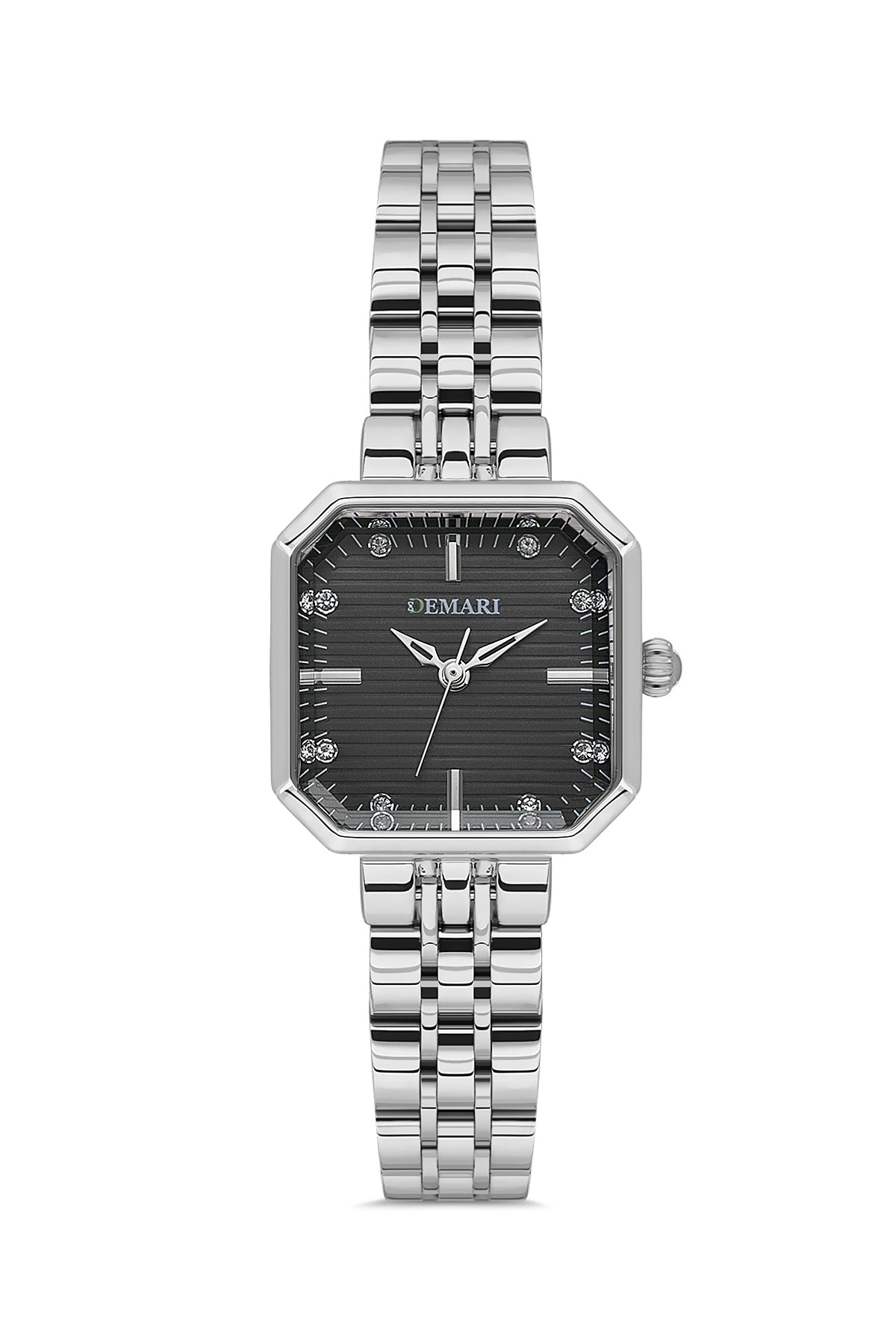 Kadın Kol Saati Quartz Mekanizma Gümüş Renk Kare Kasa Çizgili Siyah Kadran Taş Detaylı DM-00114L-A2