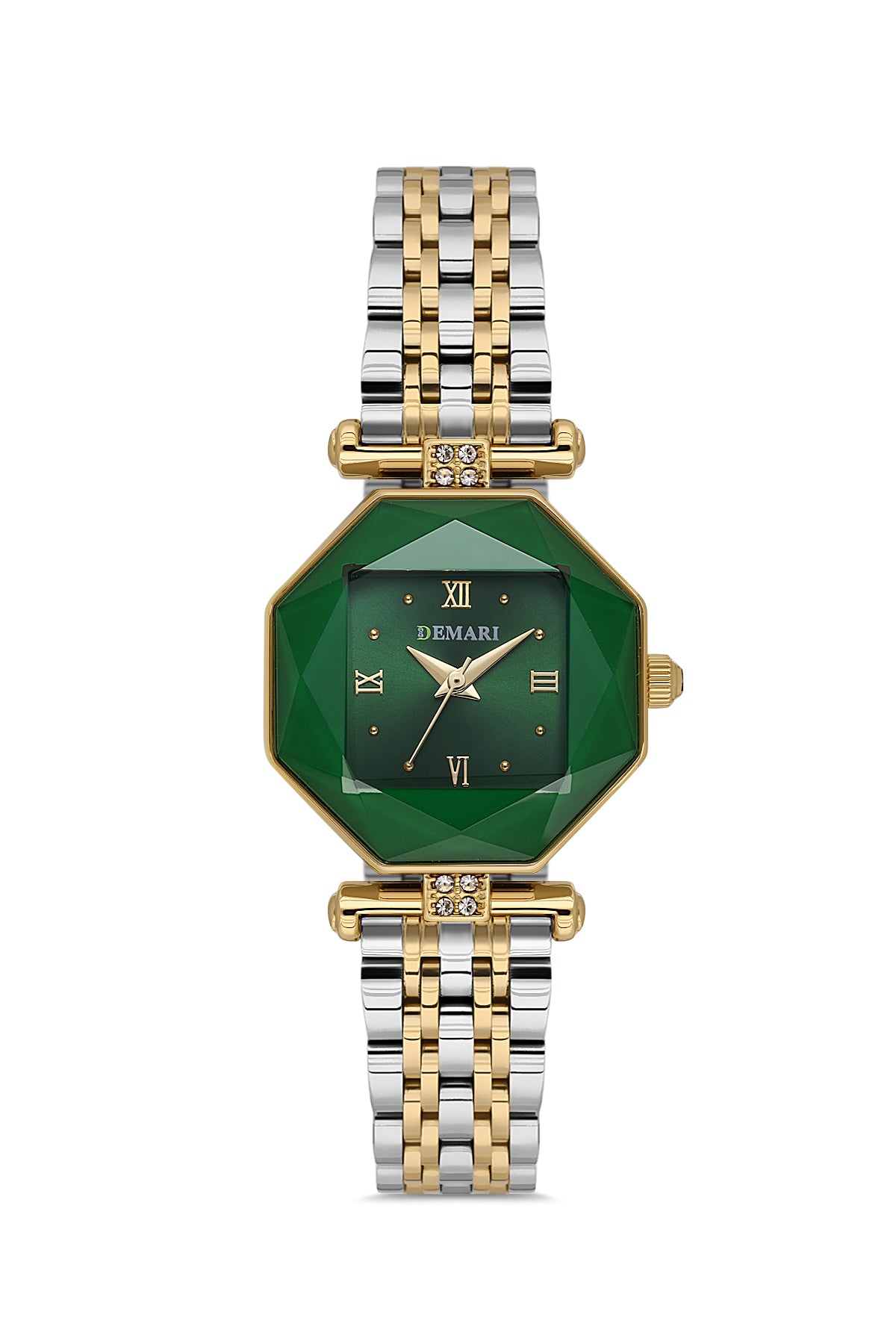 Kadın Kol Saati Quartz Mekanizma Gold & Gümüş Renk Sekizgen Kasa Yeşil Kadran Romen Rakamlı DM-00110L10