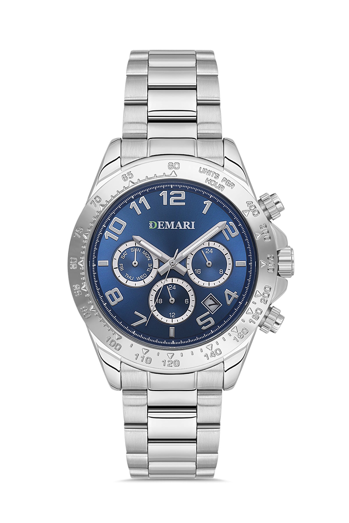 Erkek Kol Saati Quartz Mekanizma Multifunction Gümüş Çelik Kordon Mavi Kadran Tachymeter Bezel – DM-00108G-A3