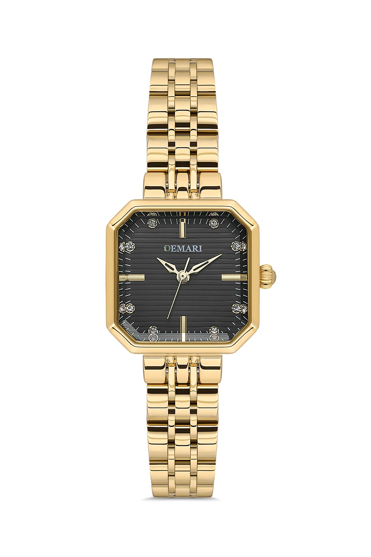 Kadın Kol Saati Quartz Mekanizma Gold Renk Kare Kasa Çizgili Siyah Kadran Taş Detaylı DM-00114L-B2