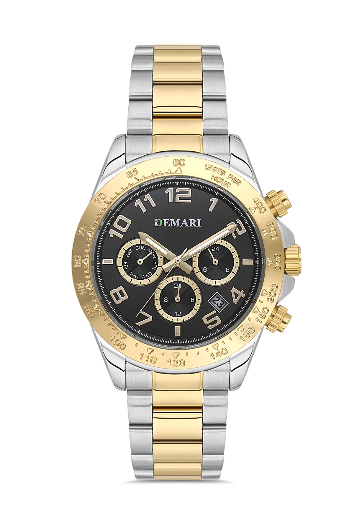 Erkek Kol Saati Quartz Mekanizma Multifunction Çelik Kordon Siyah Kadran Tachymeter Bezel – DM-00108G-D2