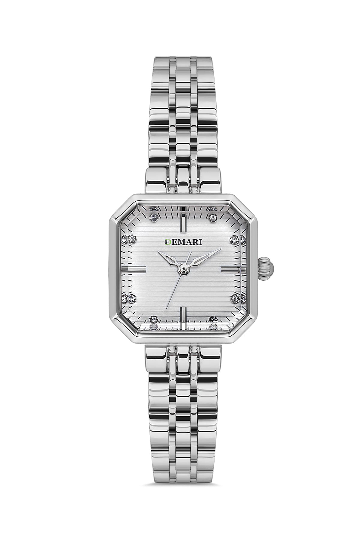 Kadın Kol Saati Quartz Mekanizma Gümüş Renk Kare Kasa Çizgili Beyaz Kadran Taş Detaylı DM-00114L-A1
