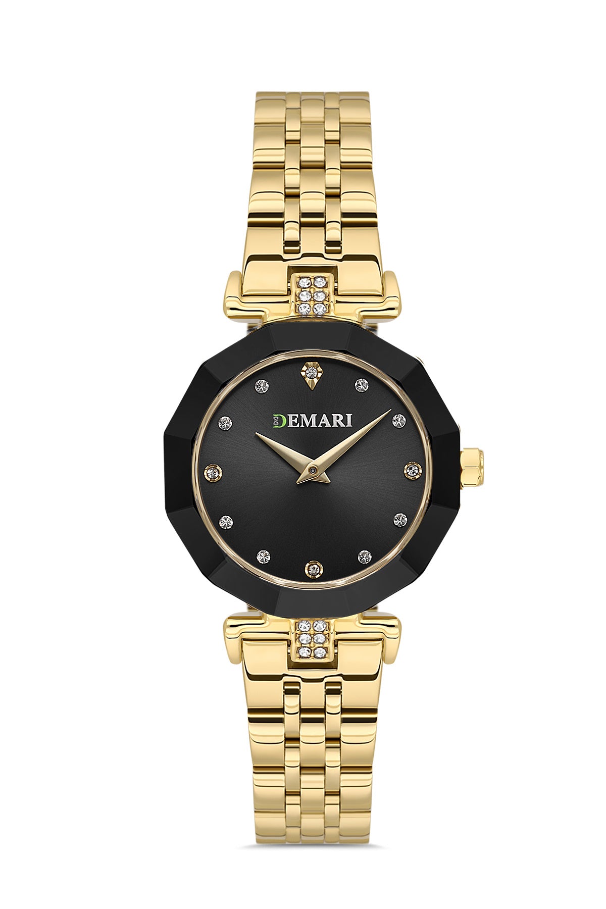 Kadın Kol Saati Quartz Mekanizma Gold Çelik Kordon Taş Detaylı Siyah Kadran Çokgen Kasa DM-00103L-B2