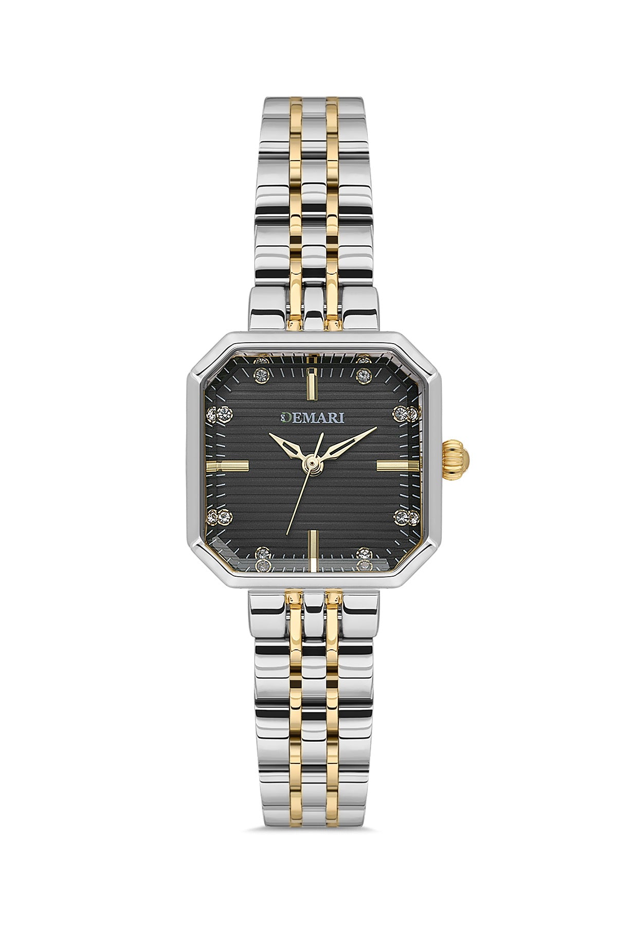 Kadın Kol Saati Quartz Mekanizma Gold & Gümüş Renk Kare Kasa Çizgili Siyah Kadran Taş Detaylı DM-00114L2