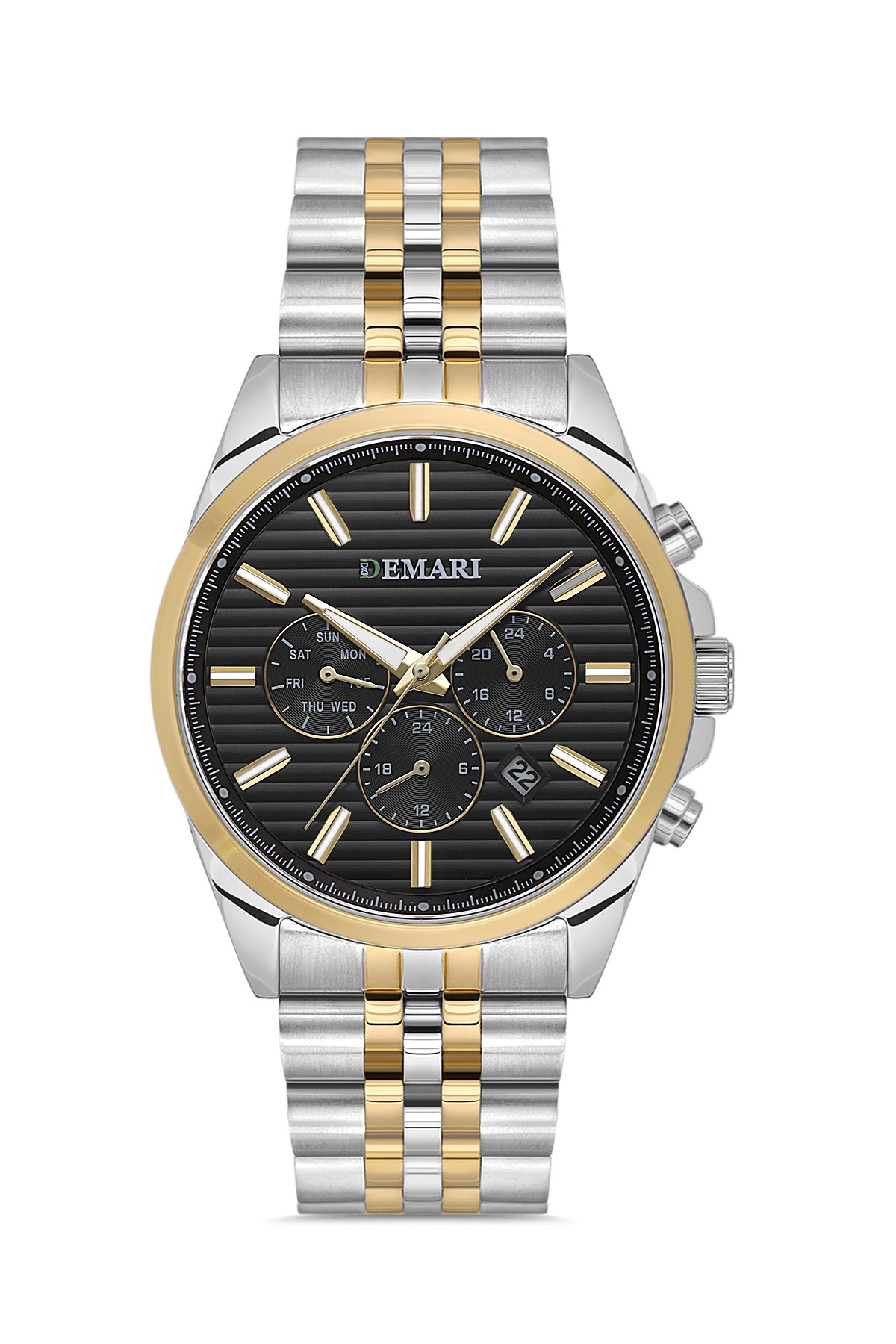 Erkek Kol Saati Quartz Full Fonksiyonlu Gümüş ve Gold Detaylı Çelik Kasa Siyah Kadran DM-00113G-D2