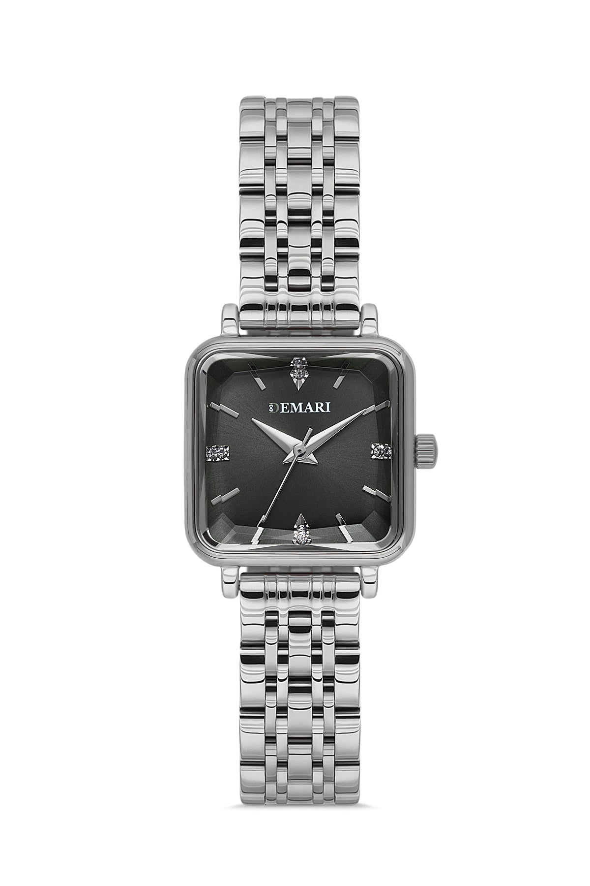 Kadın Kol Saati Quartz Mekanizma Gümüş Renk Kare Kasa Siyah Kadran Taş Detaylı DM-00113L-A2