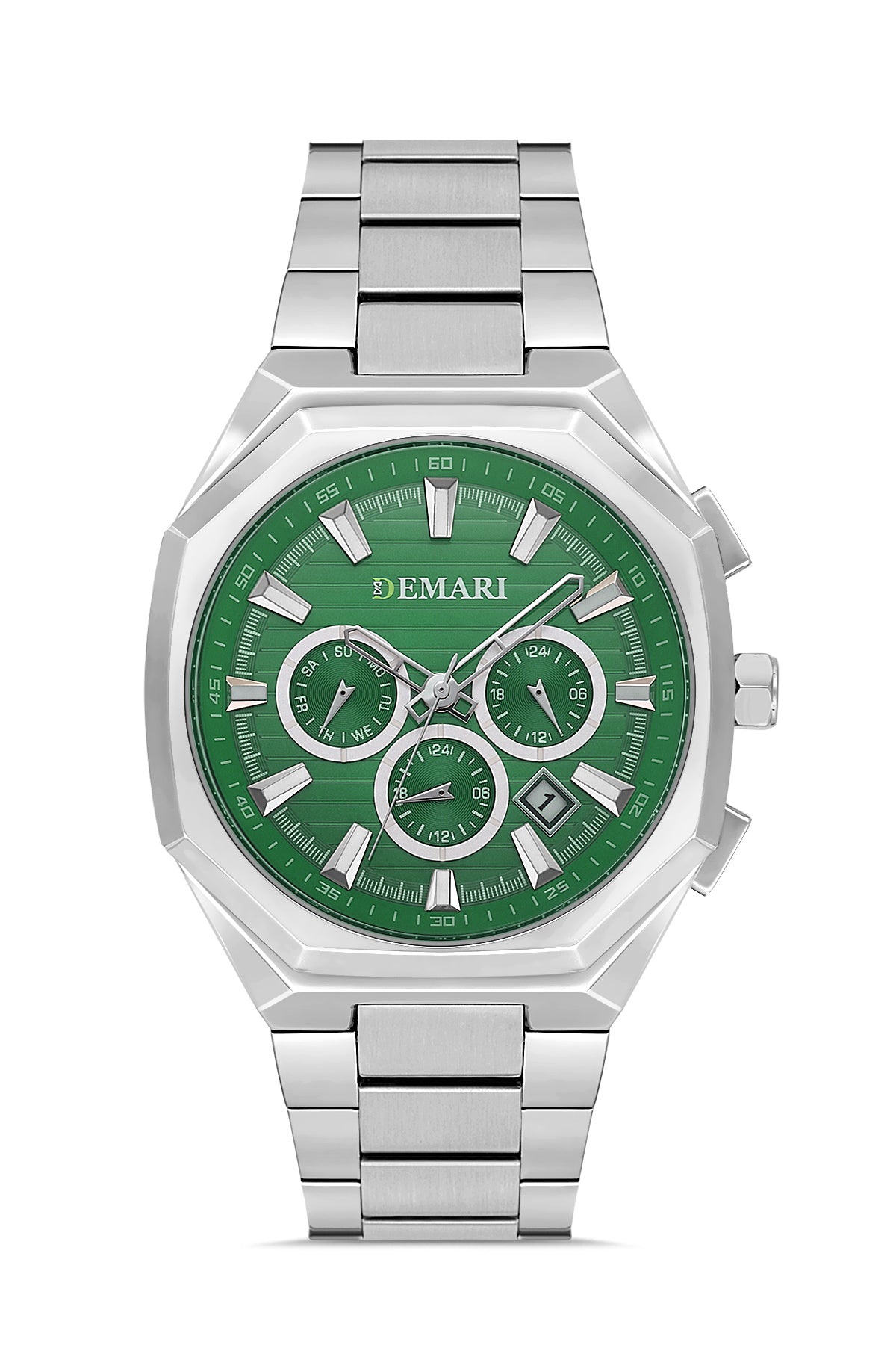 Erkek Kol Saati Quartz Mekanizma Gümüş Çelik Kordon Yeşil Kadran Köşeli Kasa Gümüş Detaylı – DM-00106G-A10